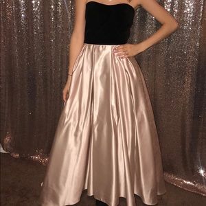 Long strapless black velvet with satin pink gown
